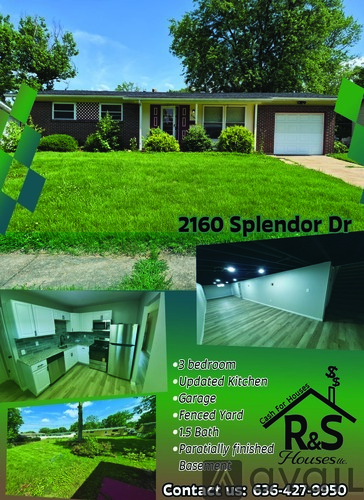 A real estate advertisement for a house at 2160 Splendor Dr, featuring a photo of the exterior, a kitchen, a bedroom, and a garage.