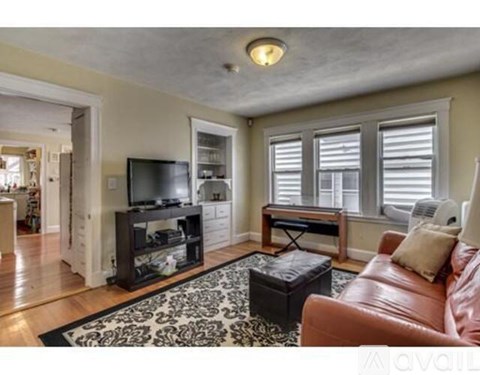 A living room with a brown leather couch and a black and white rug.