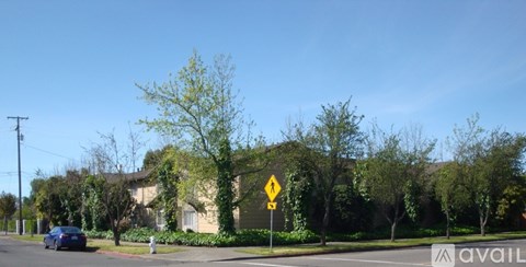 A blue car is parked on the side of the road.