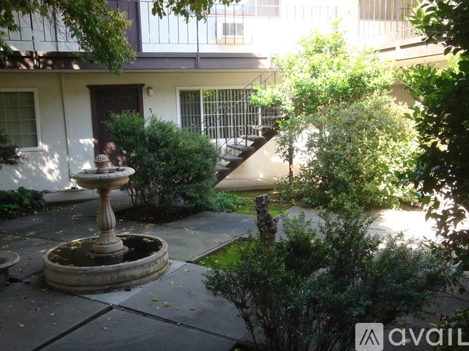 A fountain in the middle of a courtyard surrounded by green plants.