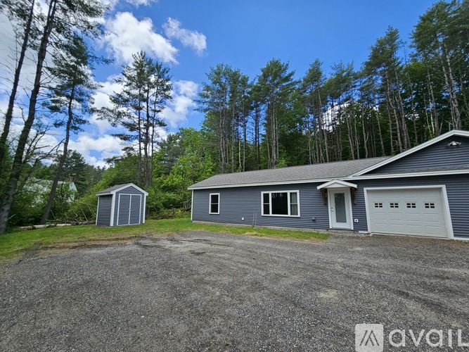 A house with a garage is surrounded by trees.