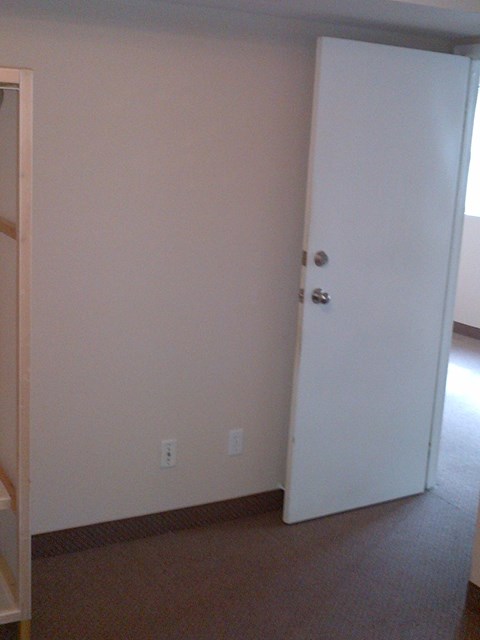 A white door is in a room with carpeting.