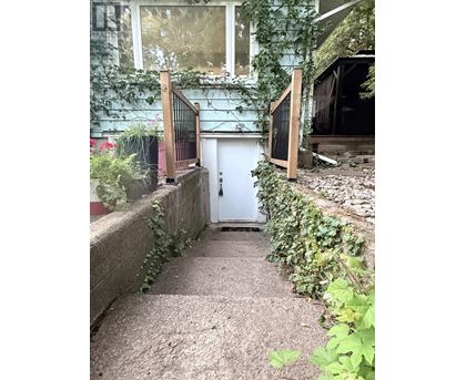A white door is at the end of a stone path.