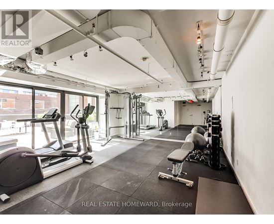 A gym with a variety of equipment including a treadmill, weights and a bench.