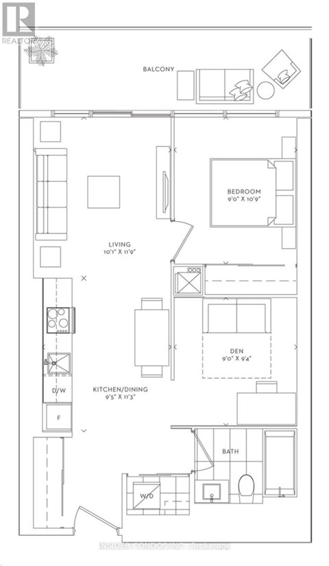 A black and white image of a floor plan for a balcony, living room, kitchen/dining area, den, and bath.