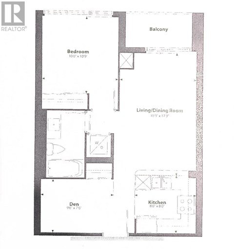A floor plan of a home with a den, living/dining room, kitchen, and balcony.