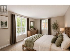 A bedroom with a bed, nightstands, and a window with curtains.