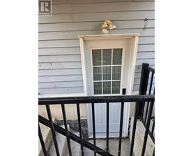 A white door with a window above it and a black railing in front.