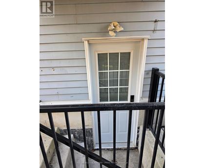 A white door with a window above it and a black railing in front.