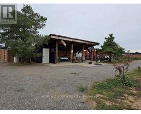 A gravel area with a building and a tree in the background.