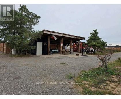 A gravel area with a building and a tree in the background.