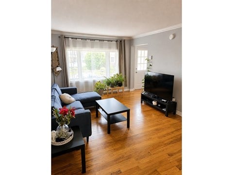 A living room with a black sofa and a wooden coffee table.