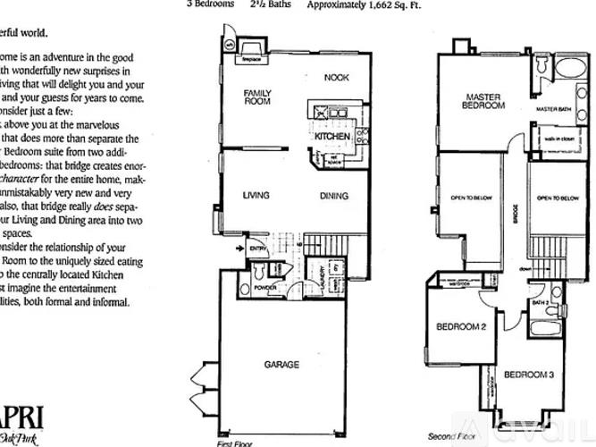 A floor plan of a two-story house with three bedrooms, two bathrooms, a garage, and a living area.