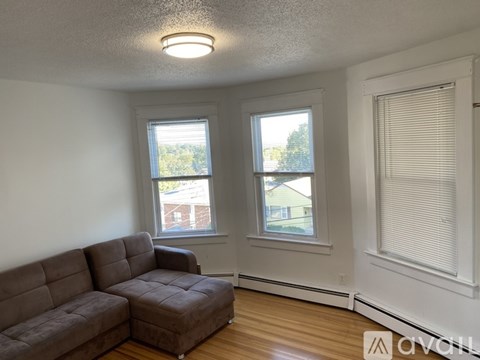 A living room with a brown couch and two windows.