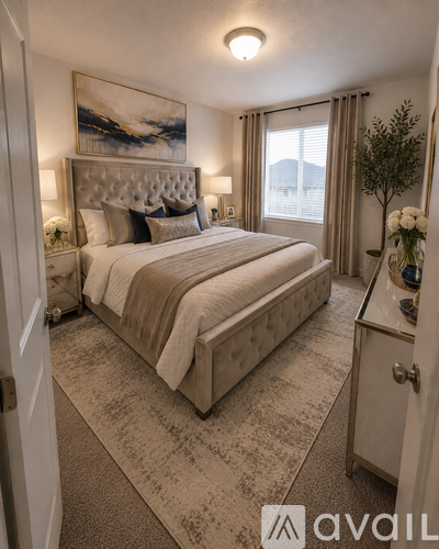A bedroom with a large bed and a painting on the wall.