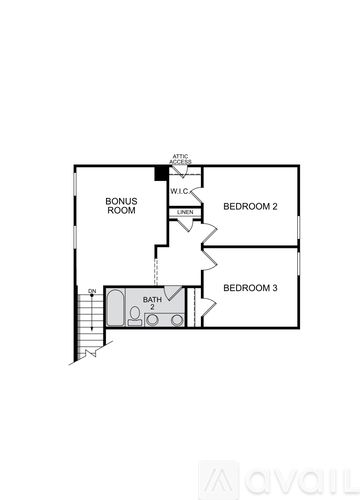 A floor plan of a room with three bedrooms and a bonus room.