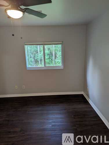 A room with a ceiling fan and a window with trees visible outside.