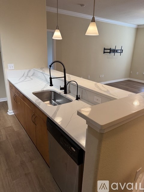 A kitchen with a sink and a counter.
