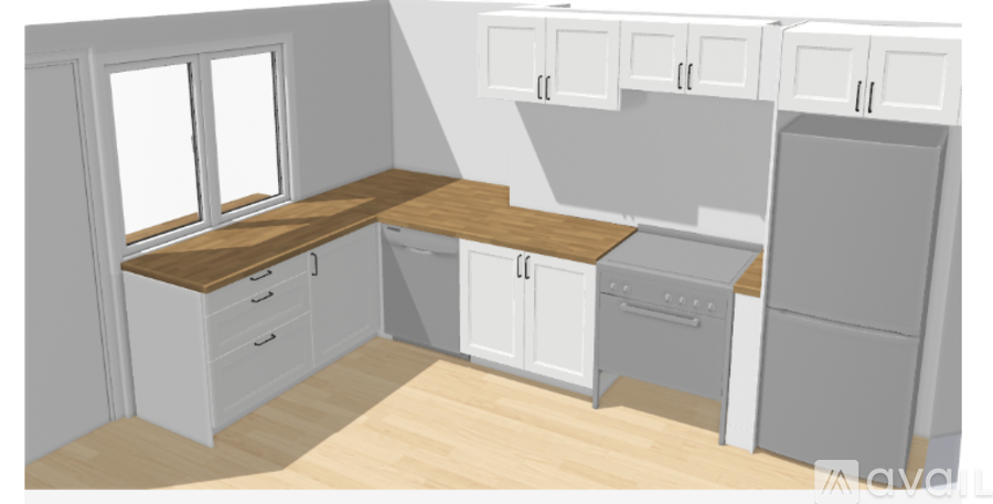 A kitchen with white cabinets and a wooden countertop.