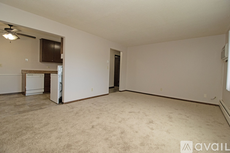 A spacious room with beige carpeting and a ceiling fan.