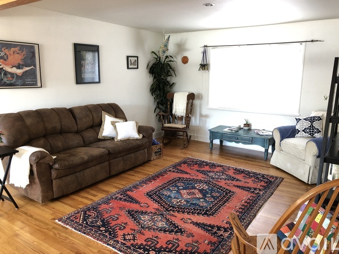 A living room with a brown couch, a rug, and a white chair.