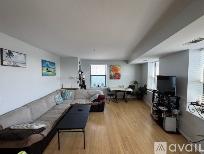 A living room with a grey sofa and a television.