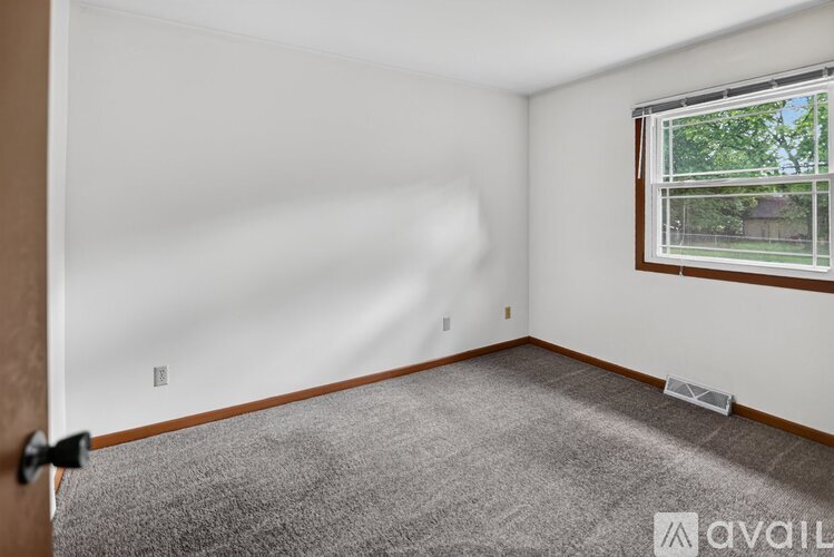 A room with a carpeted floor and a window showing trees outside.