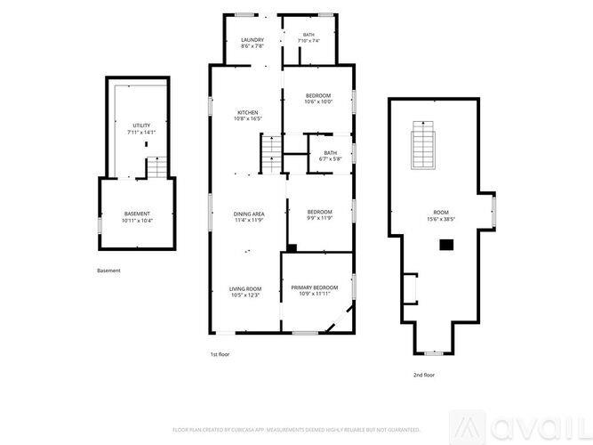 A floor plan of a two-story residential building with three bedrooms and two bathrooms.