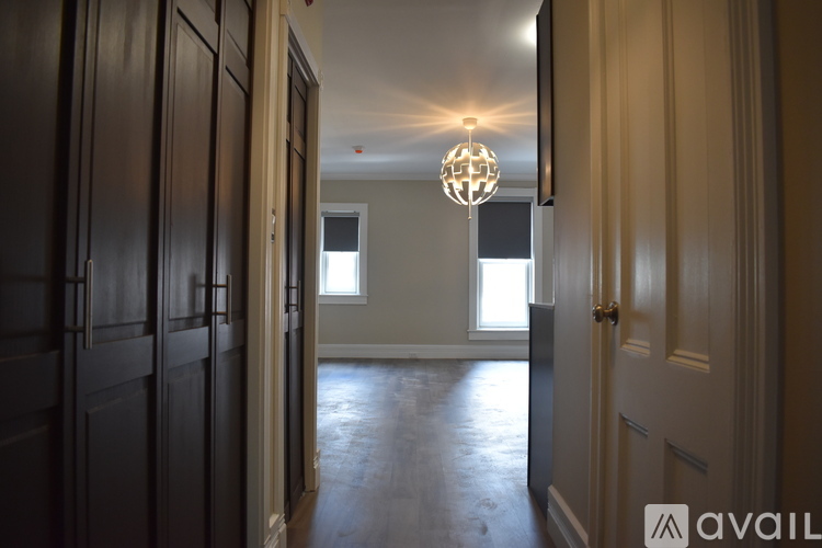 A hallway with dark wood doors and a light on the ceiling.
