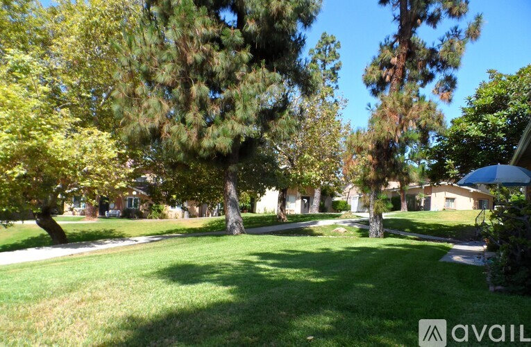A grassy area with trees and a house in the background.