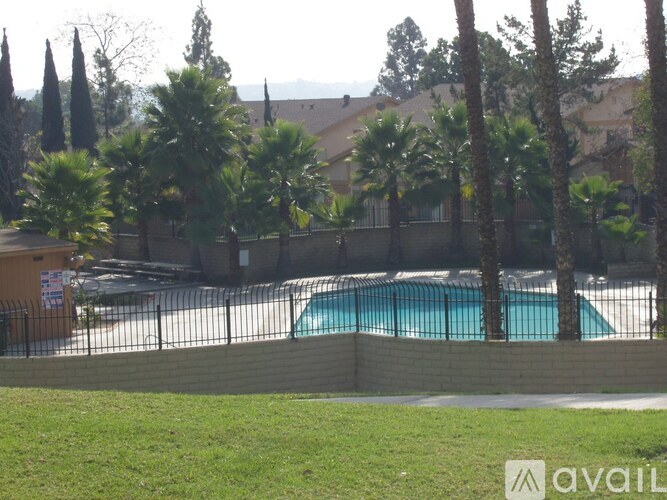 A pool surrounded by a fence and trees.