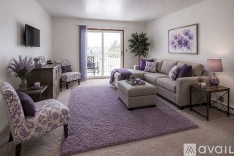 A living room with a purple rug and furniture.