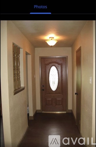A hallway with a brown door and a light on the ceiling.