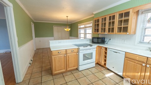 A kitchen with green walls and wooden cabinets is available.