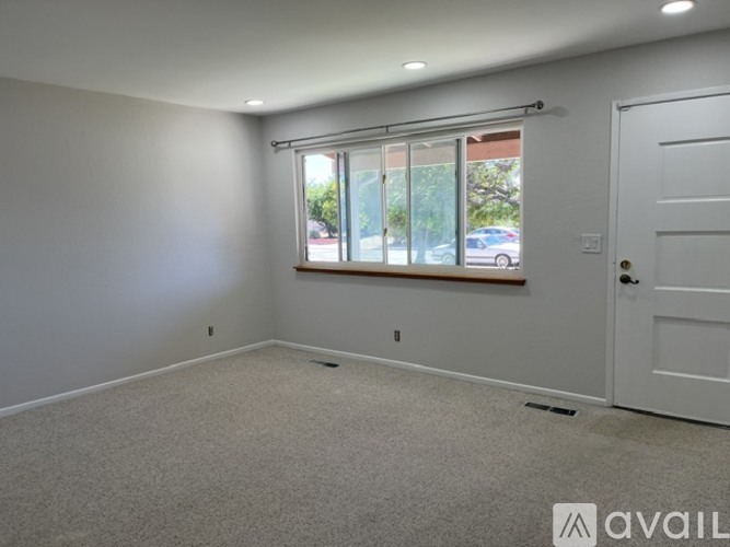 A room with a carpeted floor, a window with blinds, and a white door.