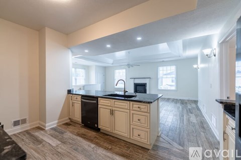 A kitchen with a black countertop and wooden cabinets.