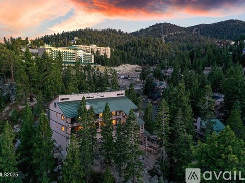 A large building surrounded by trees with the sun setting in the background.