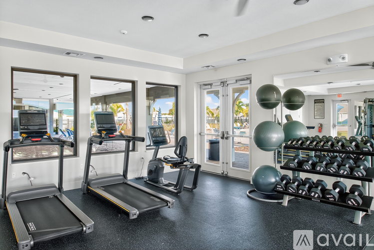 A gym with treadmills, weights, and exercise balls.
