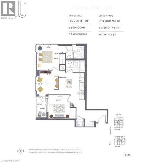 A floor plan for a unit with 16 to 26 floors, 2 bedrooms, 2 bathrooms, 750 square feet interior, and 455 square feet exterior.
