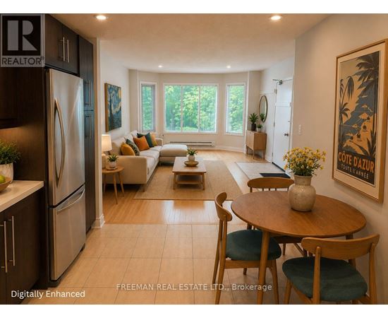 A modern kitchen with a dining table set up.