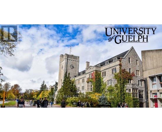 The University of Guelph building with students walking around.