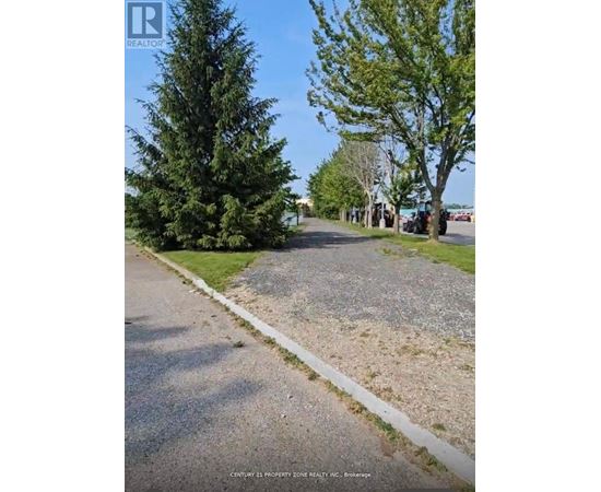 A gravel area is in the foreground of the image with a tree on the left and a road on the right.