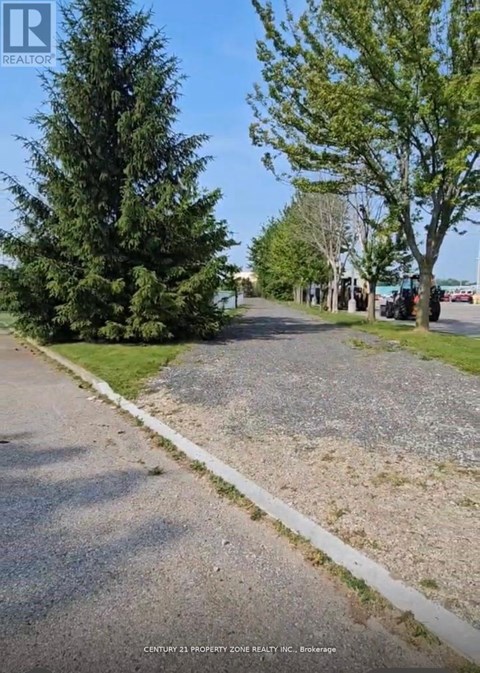 A gravel area is in the foreground of the image with a tree on the left and a road on the right.