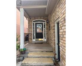 A house entrance with a black door and a small plant on the steps.