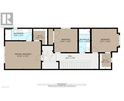 A floor plan of a house with a primary bedroom, two bathrooms, a hall, and two bedrooms.