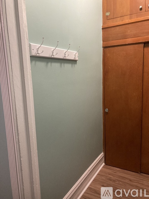 A row of hooks on a wall next to a wooden door.