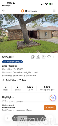 A real estate listing shows a property for $329,000 with a $10K price drop.