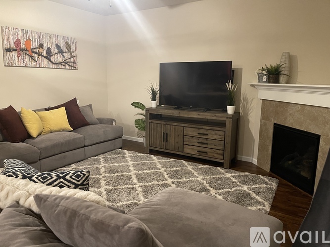 A living room with a grey couch, a television, and a fireplace.