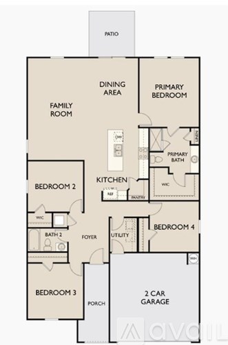 A floor plan of a house with a garage and four bedrooms.