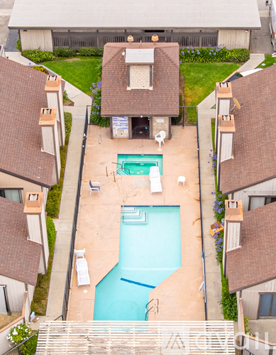 A swimming pool in a backyard surrounded by houses.